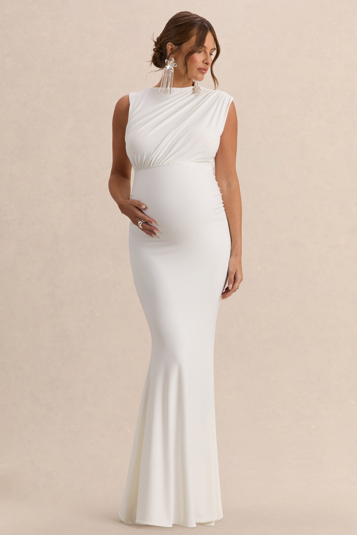 Osanna | Vestido Largo Premamá Blanco De Jersey Elástico Premium Con Escote Amplio Y Detalle Fruncido