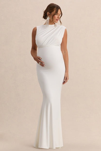 Osanna | Vestido Largo Premamá Blanco De Jersey Elástico Premium Con Escote Amplio Y Detalle Fruncido