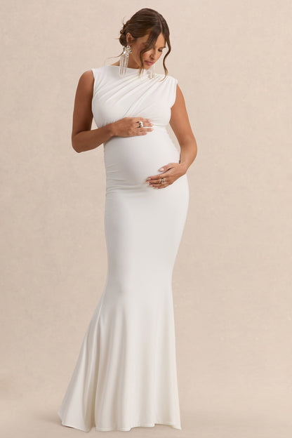 Osanna | Vestido Largo Premamá Blanco De Jersey Elástico Premium Con Escote Amplio Y Detalle Fruncido