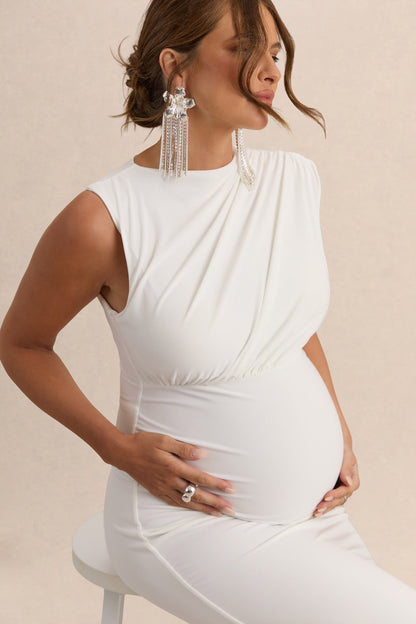 Osanna | Vestido Largo Premamá Blanco De Jersey Elástico Premium Con Escote Amplio Y Detalle Fruncido