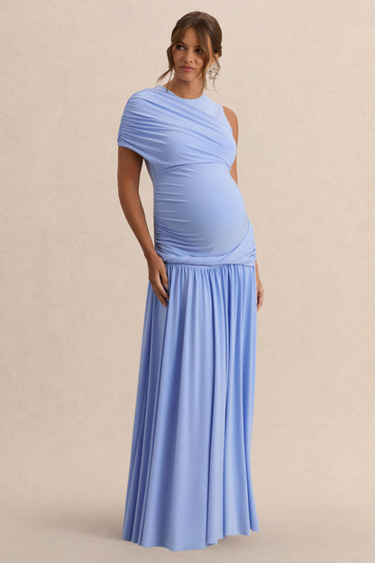 Naida | Vestido Largo Azul claro Premamá de Cuello Redondo con Detalle Drapeado