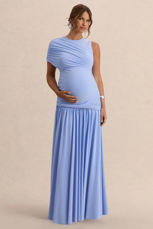 Naida | Vestido Largo Azul claro Premamá de Cuello Redondo con Detalle Drapeado