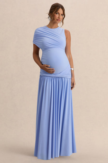 Naida | Vestido Largo Azul claro Premamá de Cuello Redondo con Detalle Drapeado