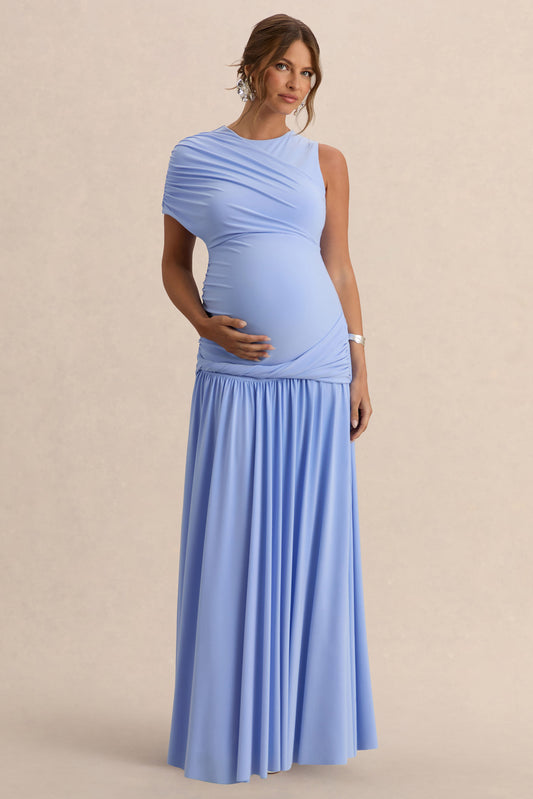 Naida | Vestido Largo Azul claro Premamá de Cuello Redondo con Detalle Drapeado
