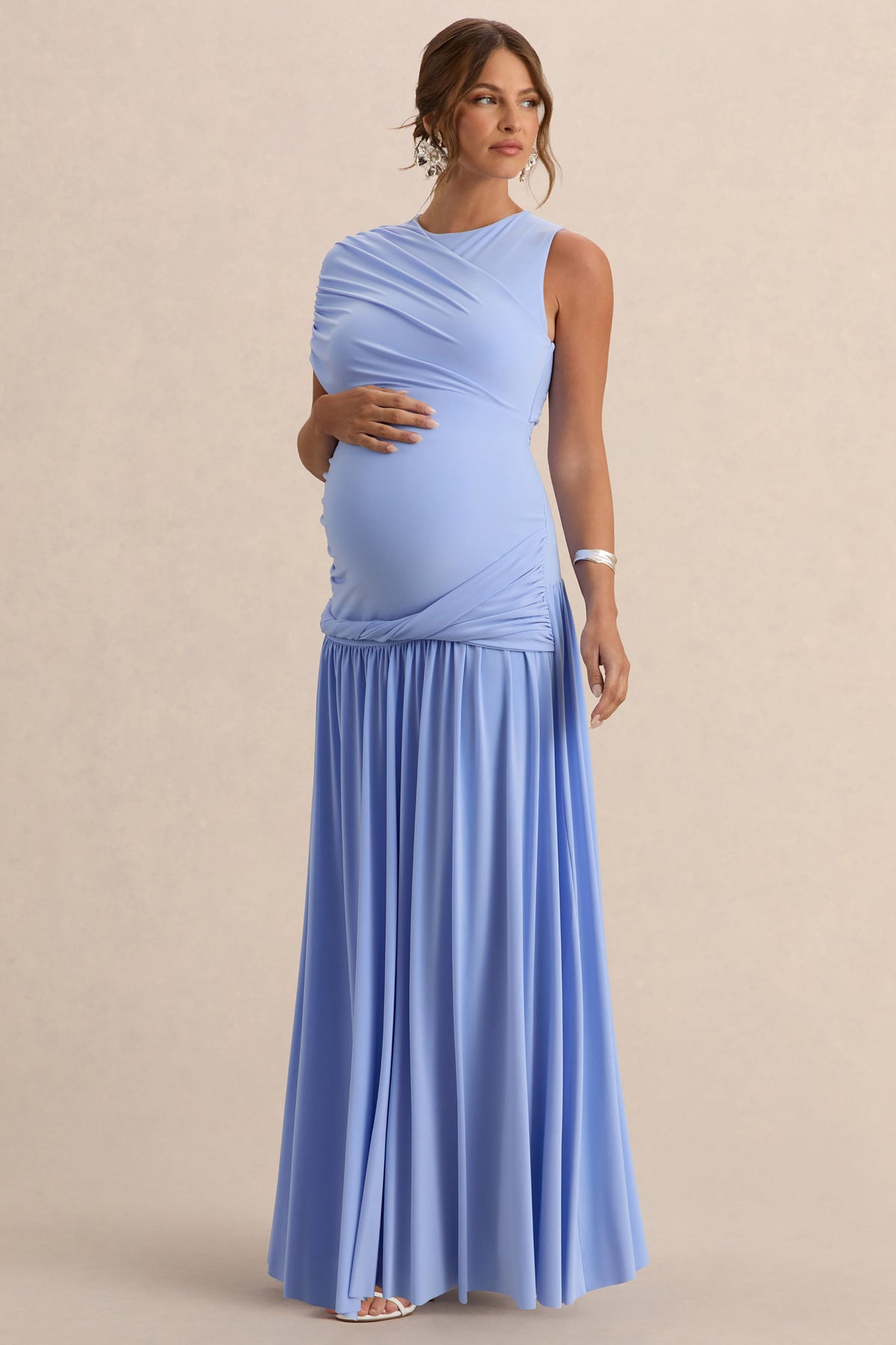 Naida | Vestido Largo Azul claro Premamá de Cuello Redondo con Detalle Drapeado