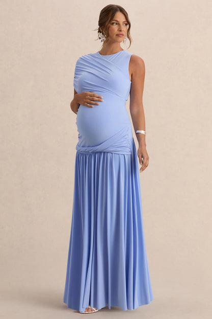 Naida | Vestido Largo Azul claro Premamá de Cuello Redondo con Detalle Drapeado