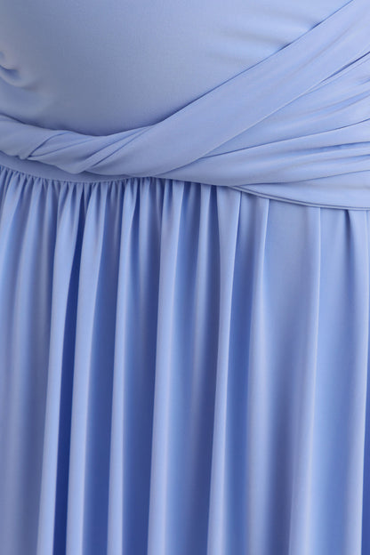 Naida | Vestido Largo Azul claro Premamá de Cuello Redondo con Detalle Drapeado
