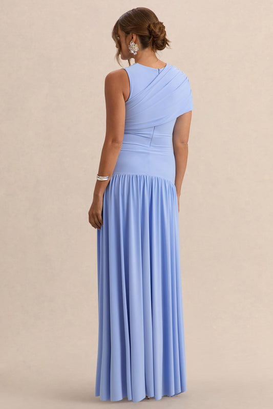 Naida | Vestido Largo Azul claro Premamá de Cuello Redondo con Detalle Drapeado