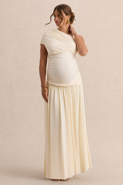 Naida | Vestido Largo Crema Premamá de Cuello Redondo con Detalle Drapeado