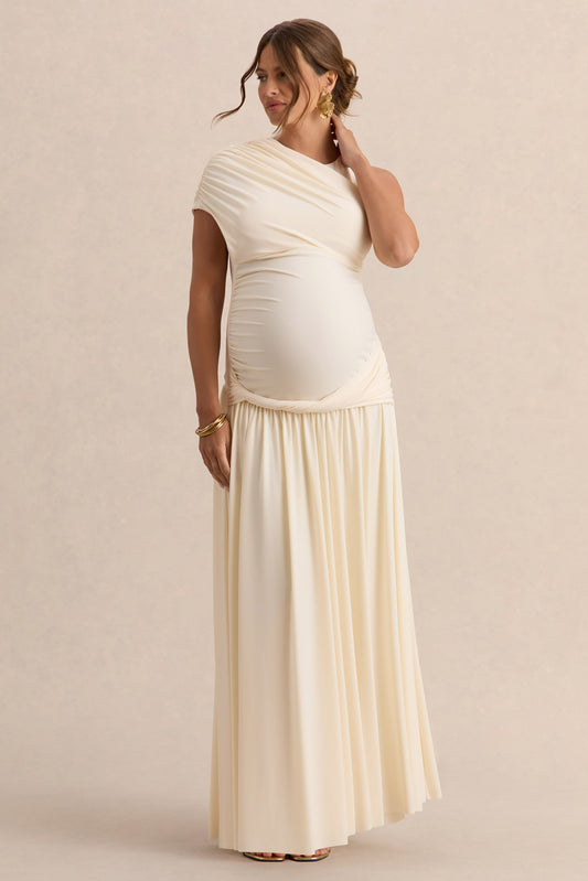 Naida | Vestido Largo Crema Premamá de Cuello Redondo con Detalle Drapeado
