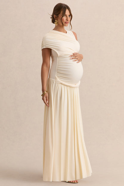 Naida | Vestido Largo Crema Premamá de Cuello Redondo con Detalle Drapeado
