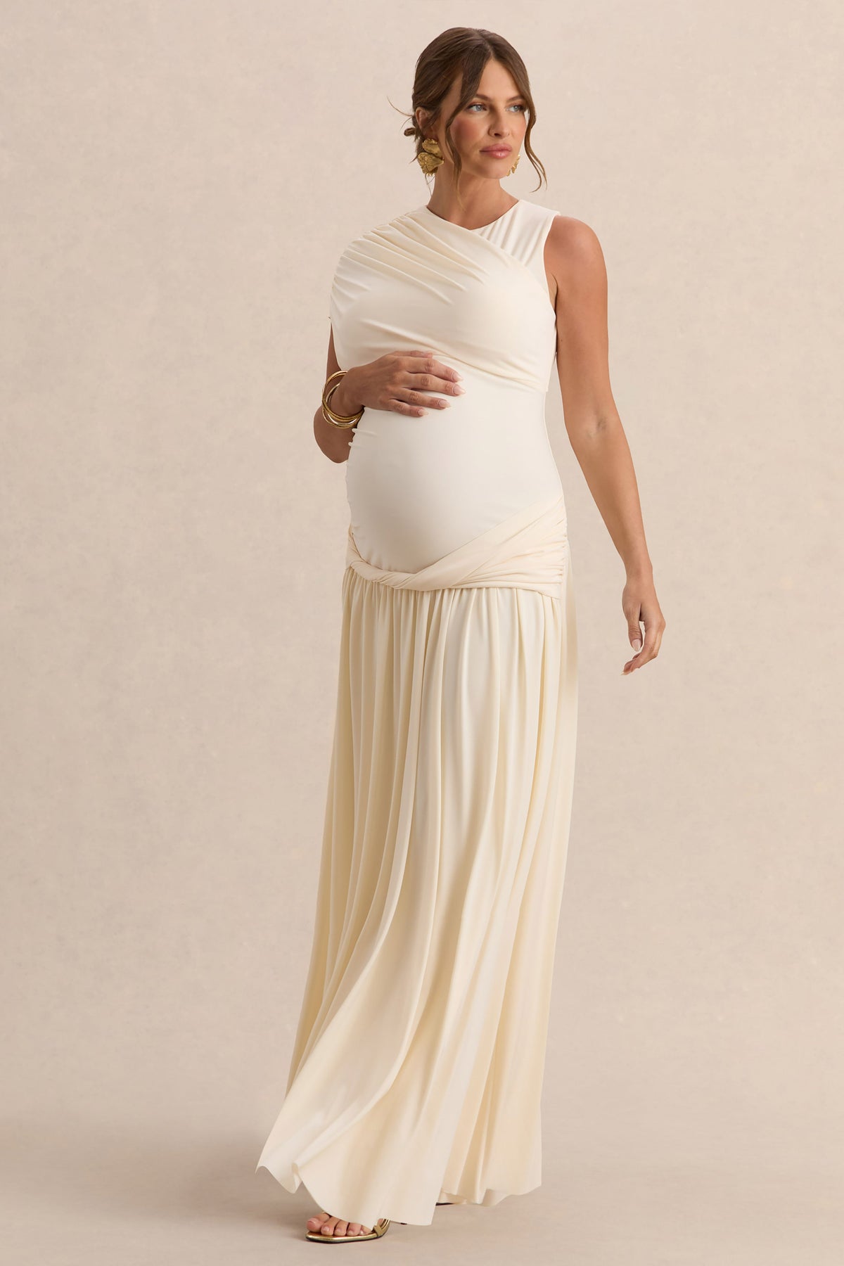 Naida | Vestido Largo Crema Premamá de Cuello Redondo con Detalle Drapeado