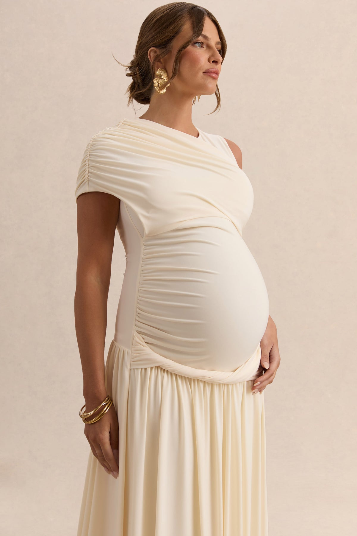 Naida | Vestido Largo Crema Premamá de Cuello Redondo con Detalle Drapeado