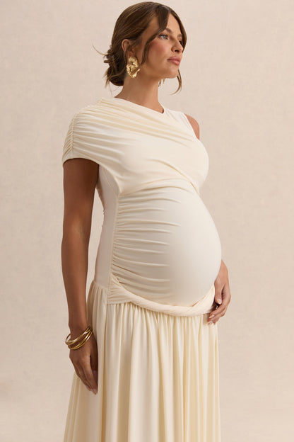 Naida | Vestido Largo Crema Premamá de Cuello Redondo con Detalle Drapeado