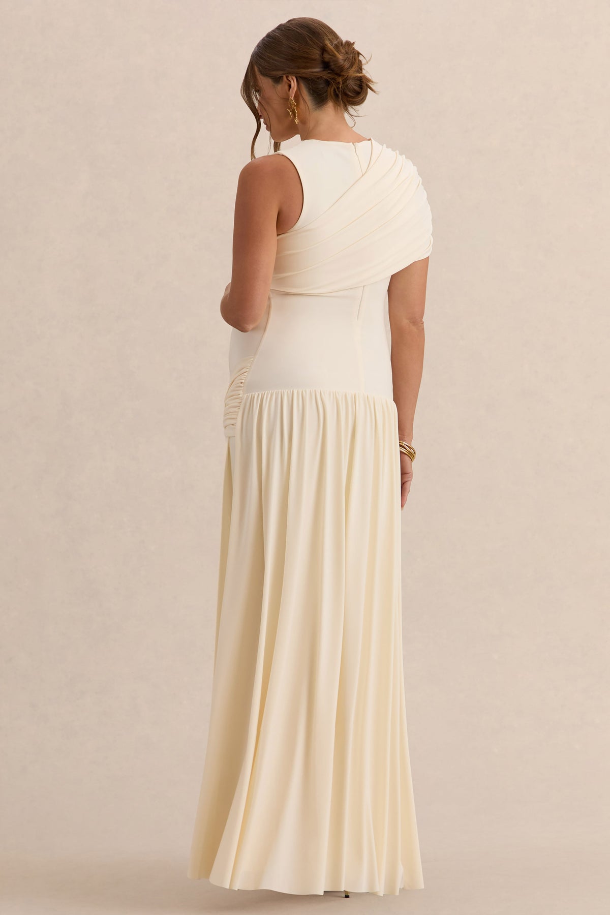 Naida | Vestido Largo Crema Premamá de Cuello Redondo con Detalle Drapeado