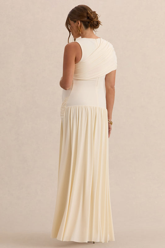 Naida | Vestido Largo Crema Premamá de Cuello Redondo con Detalle Drapeado