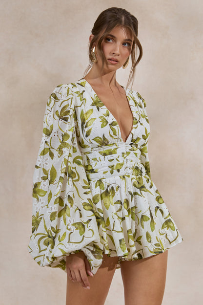 Caron | Mono Blanco Y Verde Floral De Broderie Con Escote Pronunciado Y Mangas Abullonadas