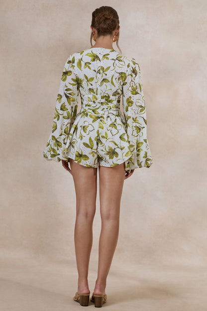 Caron | Mono Blanco Y Verde Floral De Broderie Con Escote Pronunciado Y Mangas Abullonadas