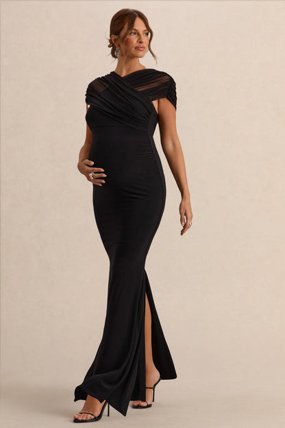 Elin | Vestido Largo Premamá Negro Con Escote Bardot