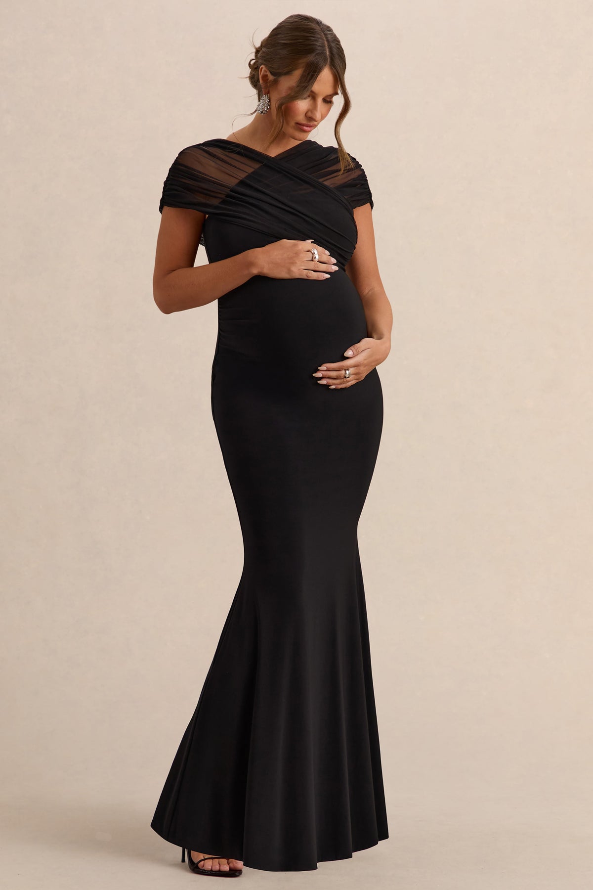Elin | Vestido Largo Premamá Negro Con Escote Bardot