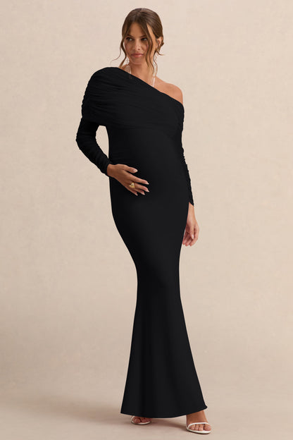 Ianthe | Vestido Largo Premamá Negro Con Escote Asimétrico Y Mangas Largas De Malla
