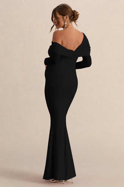 Ianthe | Vestido Largo Premamá Negro Con Escote Asimétrico Y Mangas Largas De Malla