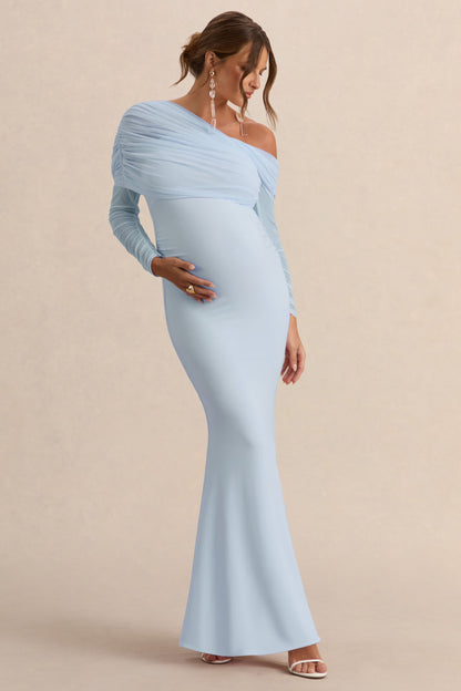 Ianthe | Vestido Largo Premamá Azul Claro Con Escote Asimétrico Y Mangas Largas De Malla
