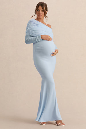 Ianthe | Vestido Largo Premamá Azul Claro Con Escote Asimétrico Y Mangas Largas De Malla