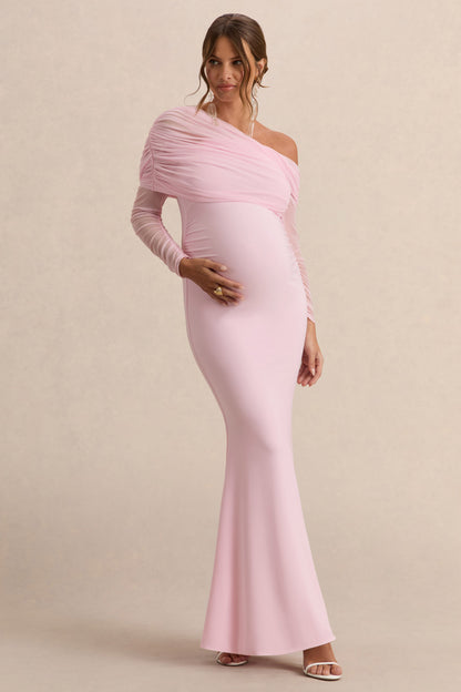 Ianthe | Vestido Largo Premamá Rosa Claro Con Escote Asimétrico Y Mangas Largas De Malla