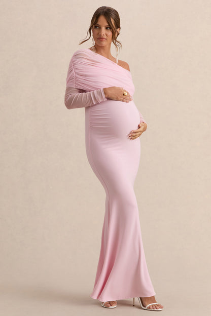Ianthe | Vestido Largo Premamá Rosa Claro Con Escote Asimétrico Y Mangas Largas De Malla