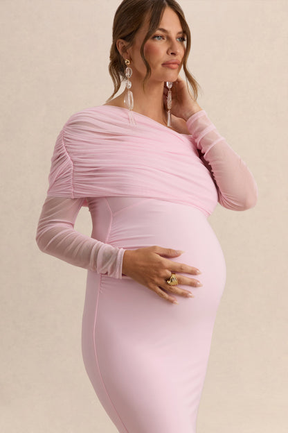 Ianthe | Vestido Largo Premamá Rosa Claro Con Escote Asimétrico Y Mangas Largas De Malla