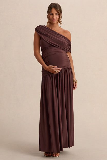 Marjorie | Vestido Largo Marrón oscuro Premamá de Escote Asimétrico