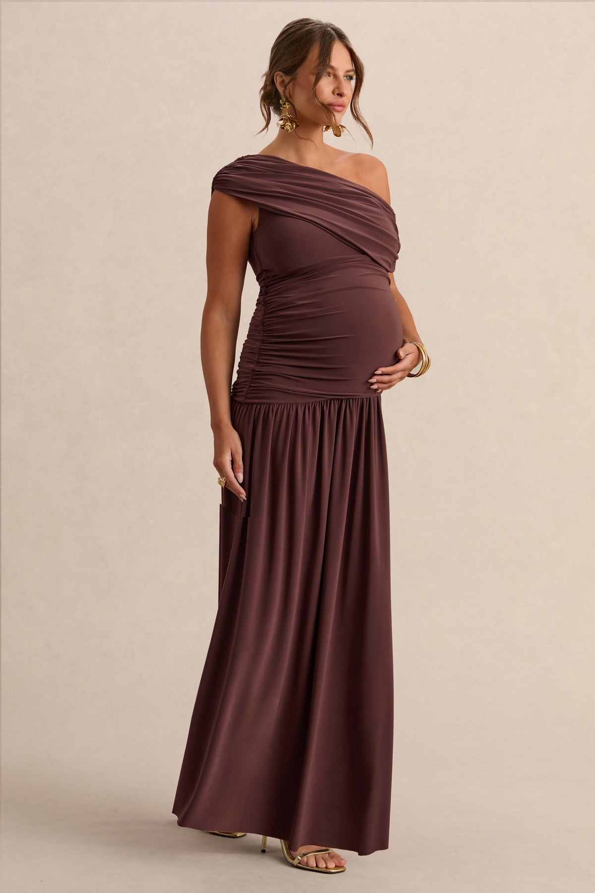 Marjorie | Vestido Largo Marrón oscuro Premamá de Escote Asimétrico