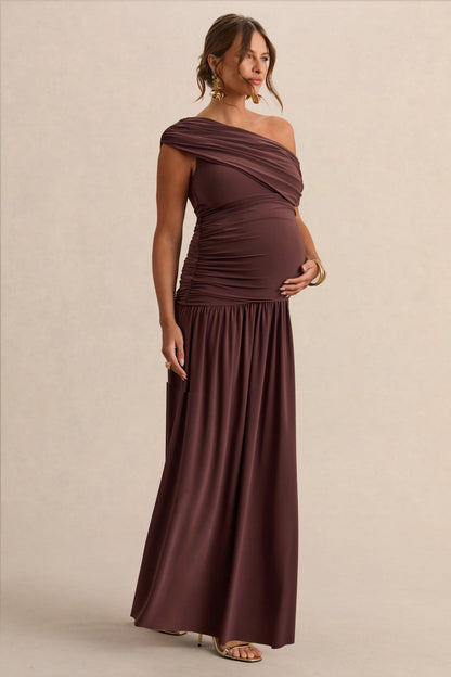 Marjorie | Vestido Largo Marrón oscuro Premamá de Escote Asimétrico