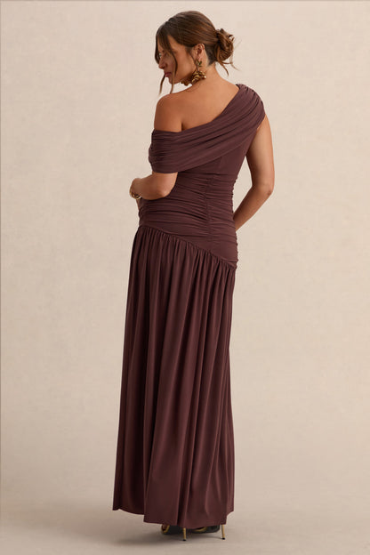 Marjorie | Vestido Largo Marrón oscuro Premamá de Escote Asimétrico