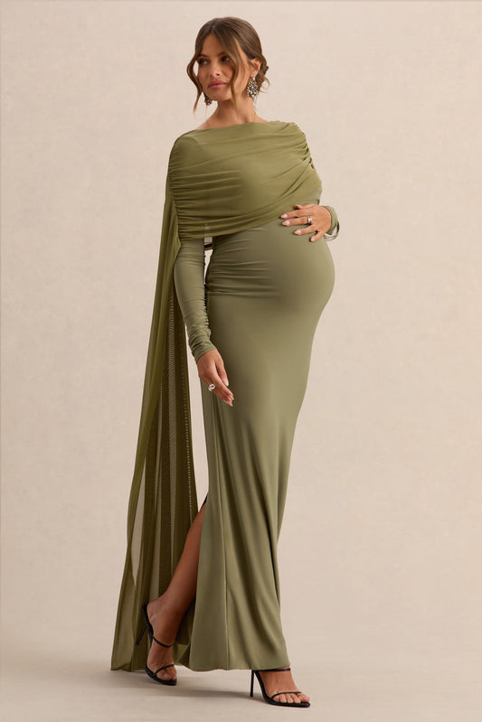 Annelia | Vestido Largo Oliva de Cuello Alto Premamá con Detalle de Fajín