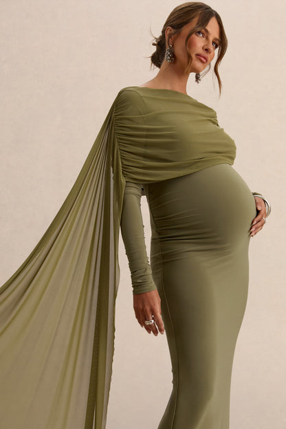 Annelia | Vestido Largo Oliva de Cuello Alto Premamá con Detalle de Fajín