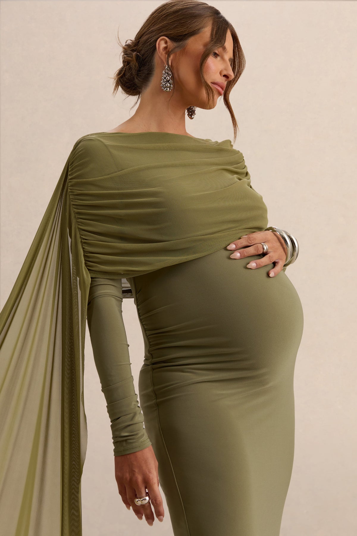 Annelia | Vestido Largo Oliva de Cuello Alto Premamá con Detalle de Fajín