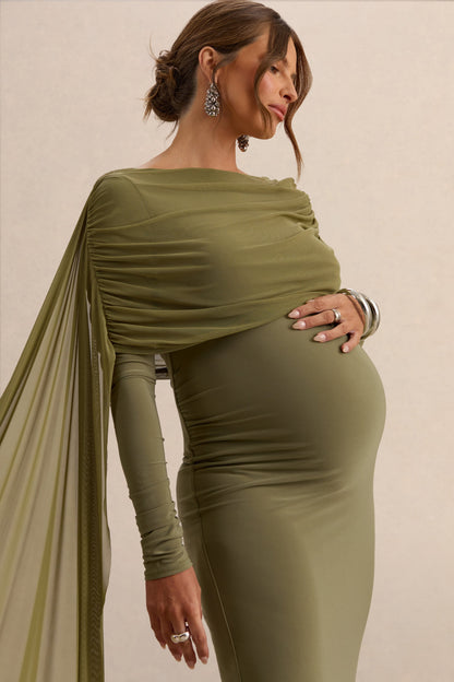 Annelia | Vestido Largo Oliva de Cuello Alto Premamá con Detalle de Fajín
