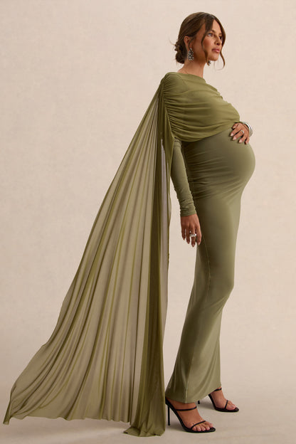 Annelia | Vestido Largo Oliva de Cuello Alto Premamá con Detalle de Fajín