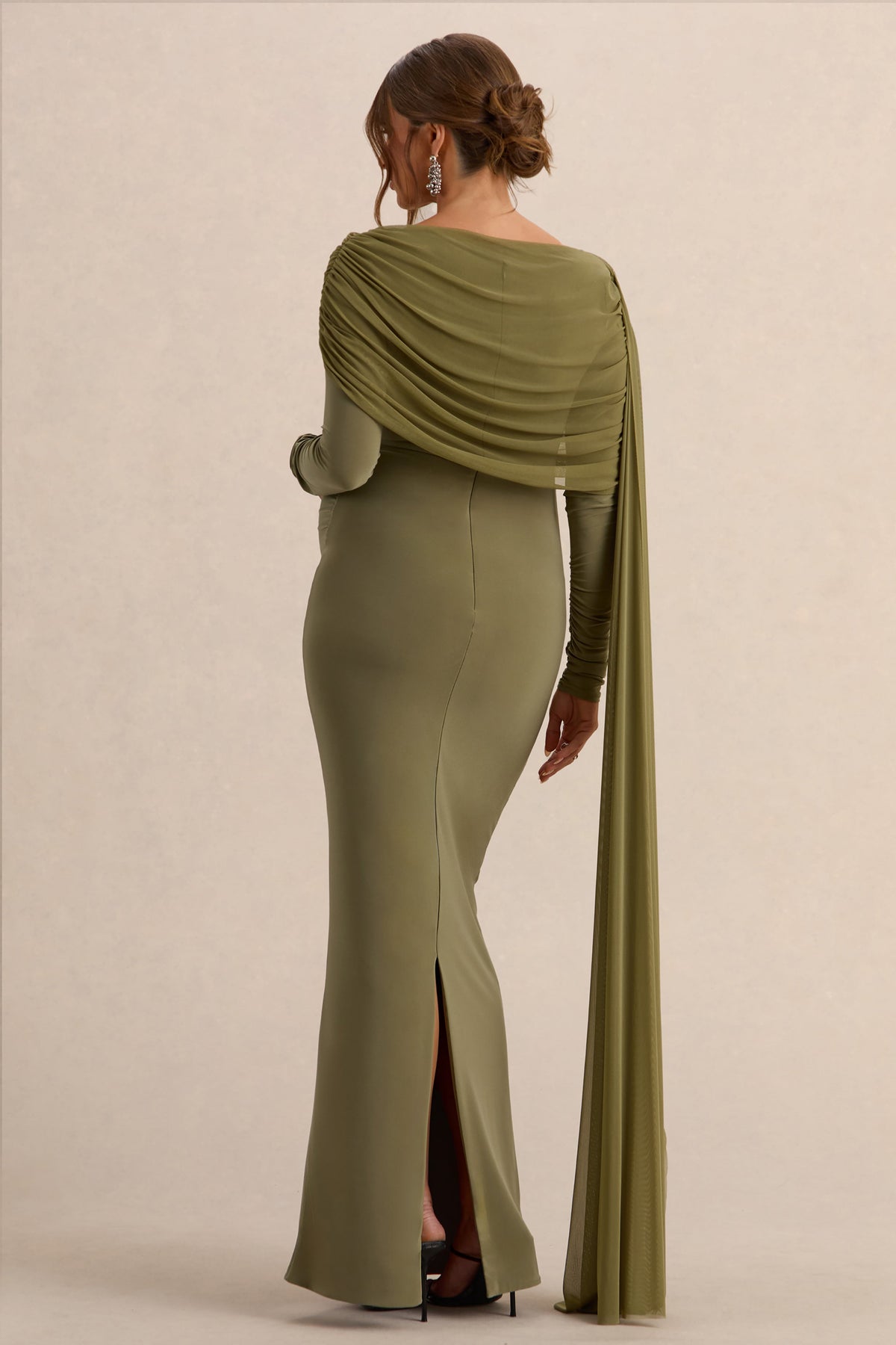Annelia | Vestido Largo Oliva de Cuello Alto Premamá con Detalle de Fajín