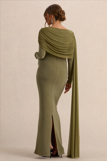 Annelia | Vestido Largo Oliva de Cuello Alto Premamá con Detalle de Fajín