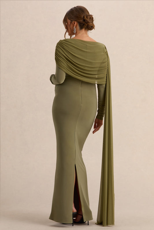 Annelia | Vestido Largo Oliva de Cuello Alto Premamá con Detalle de Fajín