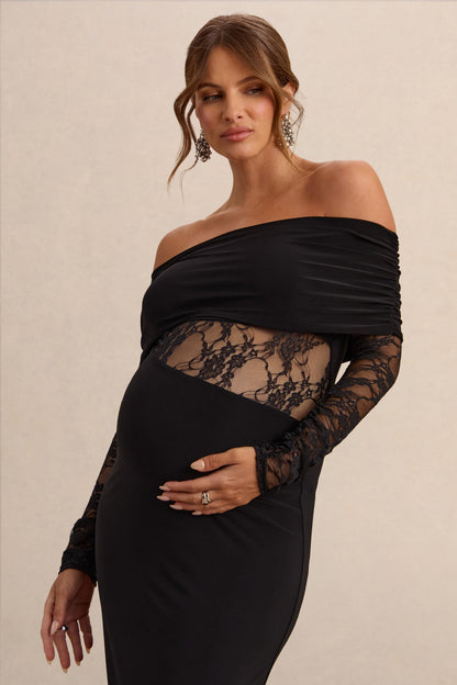 Artemisia | Vestido Largo Negro de Escote Bardot Premamá con Detalles de Encaje