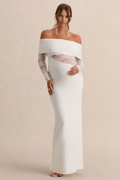 Artemisia | Vestido Premamá Largo Blanco Con Escote Bardot Y Detalle De Encaje