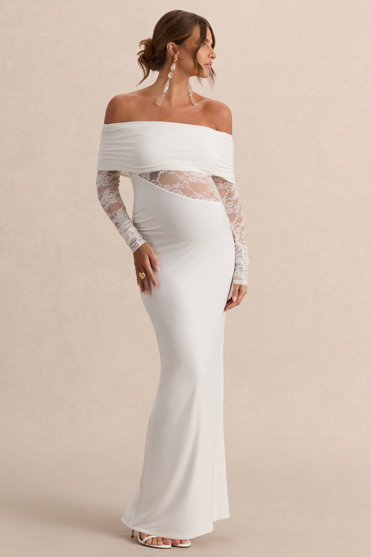 Artemisia | Vestido Premamá Largo Blanco Con Escote Bardot Y Detalle De Encaje