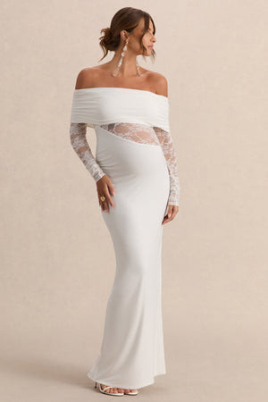 Artemisia | Vestido Premamá Largo Blanco Con Escote Bardot Y Detalle De Encaje