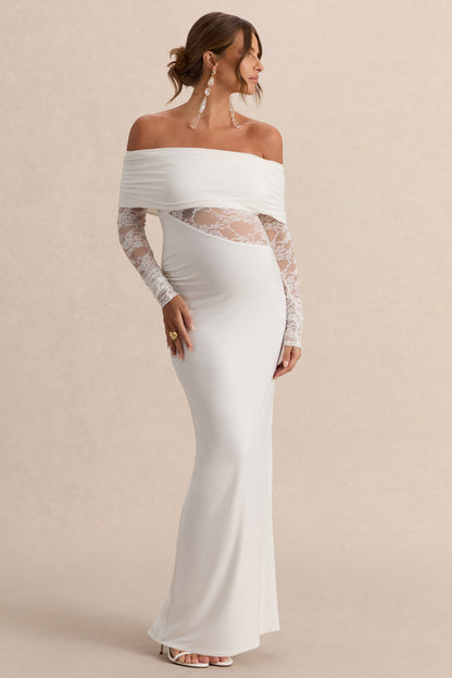 Artemisia | Vestido Premamá Largo Blanco Con Escote Bardot Y Detalle De Encaje