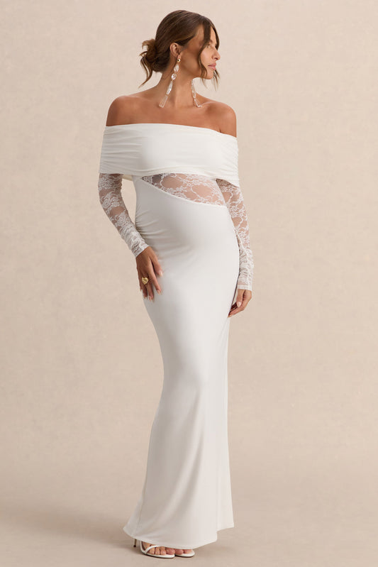 Artemisia | Vestido Premamá Largo Blanco Con Escote Bardot Y Detalle De Encaje