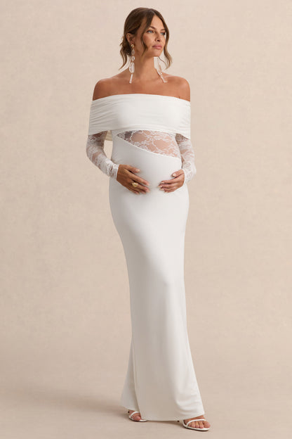 Artemisia | Vestido Premamá Largo Blanco Con Escote Bardot Y Detalle De Encaje
